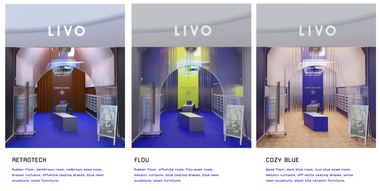 Três conceitos de loja LIVO: Retrotech, Flou e Cozy Blue